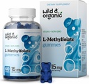 Wild & Organic L-Methylfolate 15mg Gummies - Mood & Brain Support - Folate 5-MTHF συμπλήρωμα για τον εγκέφαλο, εστίαση, σαφήνεια - Folate συμπλήρωμα w/Vitamin B9-60 Non-GMO L methylfolate Gummies
