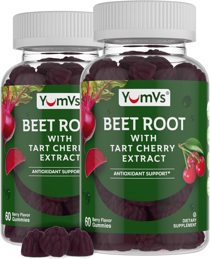 YUM-V'S Beet Root Gummies with Tart Cherry Extract - Berry Flavor Beetroot Gummies - Beet Chews for Blood Circulation and Antioxidant Support - Red Beets Gummies Berry 60 Count (Pack of 2)