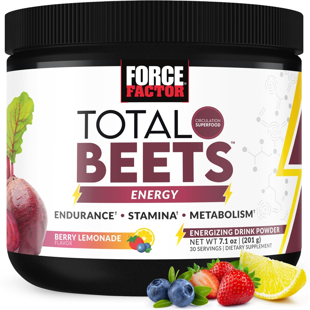 FORCE FACTOR Total Beets Beet Root Powder with Energy, NO3-T® Nitrates to Support Circulation, Blood Pressure, Blood Flow, and Stamina - Plus Green Tea Extract. Ένα Superfood Συμπλήρωμα, 30 Υπηρεσίες
