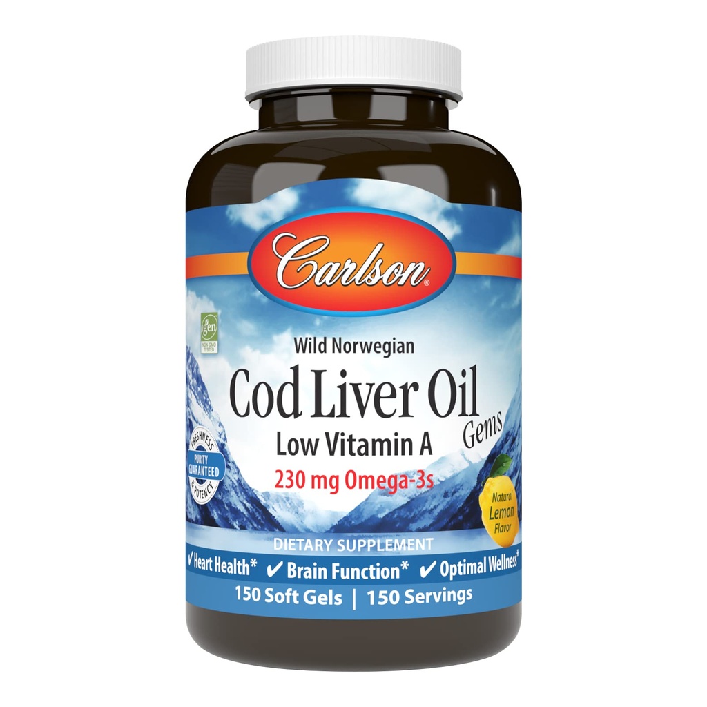 Carlson - Cod Liver Oil Gems, χαμηλή βιταμίνη Α, 230 mg Omega-3s, νορβηγική, άγρια πιασμένο, με βιώσιμη προέλευση, 150 Softgels