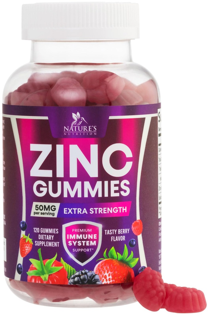 Zinc Gummies - 50mg Zinc Per Serving Immune Skin & Bone Support Health Gummy - Premium Antioxidant Chewable, High Absorption Vegan, Best Supplements Vitamin for Adults, Tasty Berry Flavor, 120 Gummies