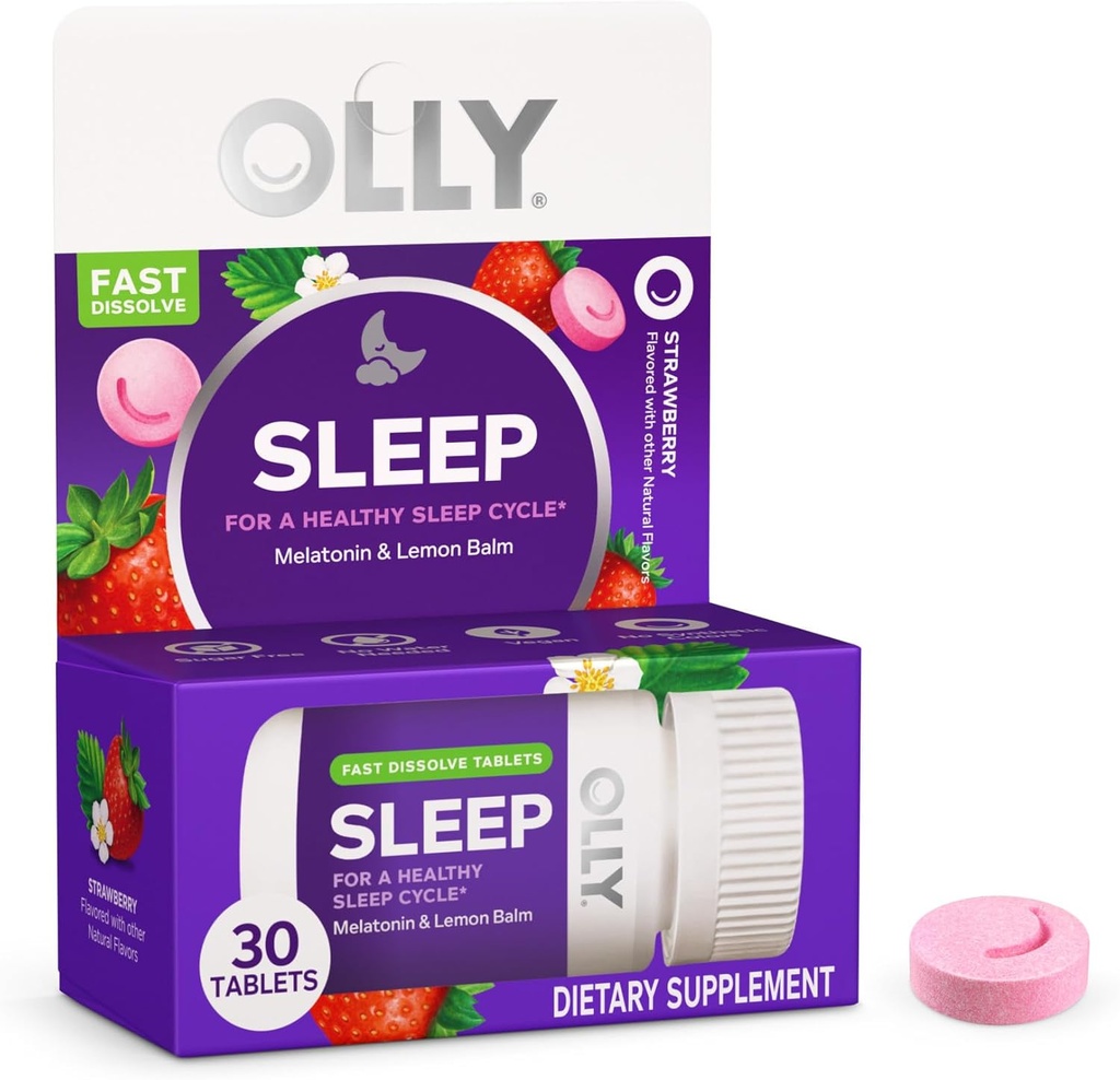 OLLY Sleep Fast Dissolves, 3mg Melatonin, Lemon Balm, Strawberry Flavor, 30 Day Supply - 30 Count
