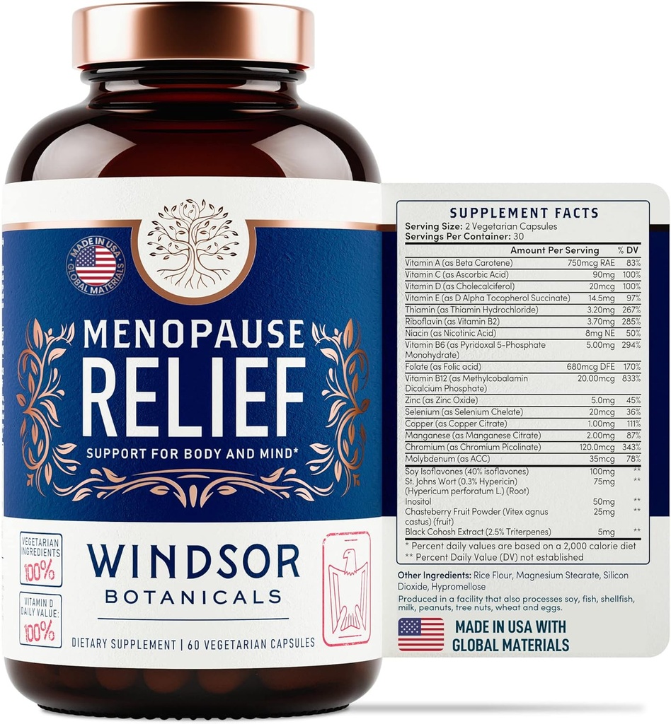 Συμπληρώματα εμμηνόπαυσης για γυναίκες - Windsor Botanicals Πολυβιταμίνη με Chastebrry, Black Cohosh για Hot Flashes, Εμμηνόπαυση Ανακούφιση και ορμονική Ισορροπία για γυναίκες - 60 Φυσικές χάπια οιστρογόνων Προγεστερόνης