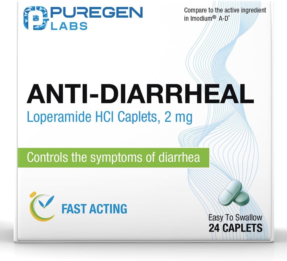 Puregen Labs Anti-Diarrheal Caplets - 24 Count - 2 mg Loperamide Hydrochloride - Εύκολο - Swallow Anti-Diarrhea Pills - Διάρροια και ανακούφιση στομάχου - Ελέγχου Συμπτώματα της Διάρροιας