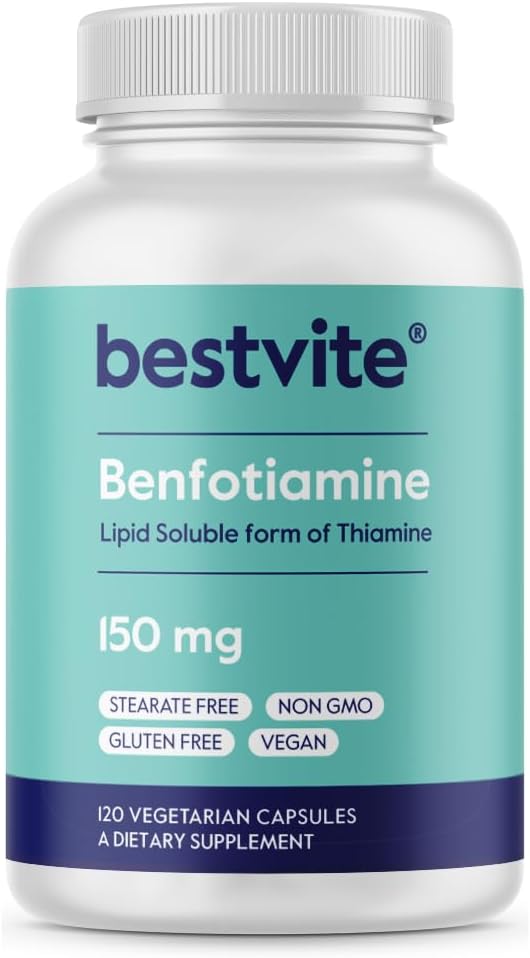 BESTVITE Benfotiamine 150mg (120 κάψουλες χορτοφάγων) Όχι Stearates - Όχι Dioxide σιλικόνης - Vegan - Μη ΓΤΟ - Χωρίς γλουτένη