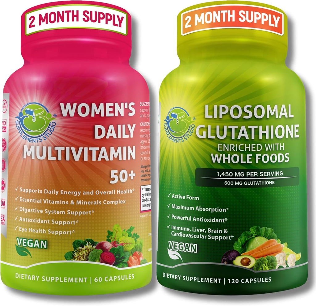 SUPPLEMENTS STUDIO Antioxidant, Cellular & Immune Support Bundle - Women's Daily Multivitamin 50+ with Organic Superfoods + Liposomal Glutathione 500mg - Vegan, Non-GMO, Clean Label