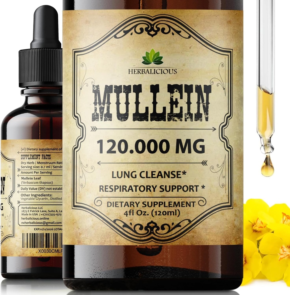 HERBALICIOS Mullein Drops for Lungs – Βιολογικό συμπλήρωμα καθαρισμού πνεύμονα με εκχύλισμα φύλλων Mullein (Verbascum Thapsus) – Vegan, μη ΓΤΟ υγρή φόρμουλα – 4 Fl Oz