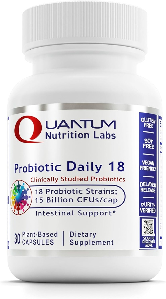 Quantum Nutrition Labs Probiotic Daily 18 - Probiotics for Digestive Health, Probiotics for Women and Men with Lactobacillus Acidophilus, Reuteri for Healthy Gut Microbiome - 30 Vegetarian Caps