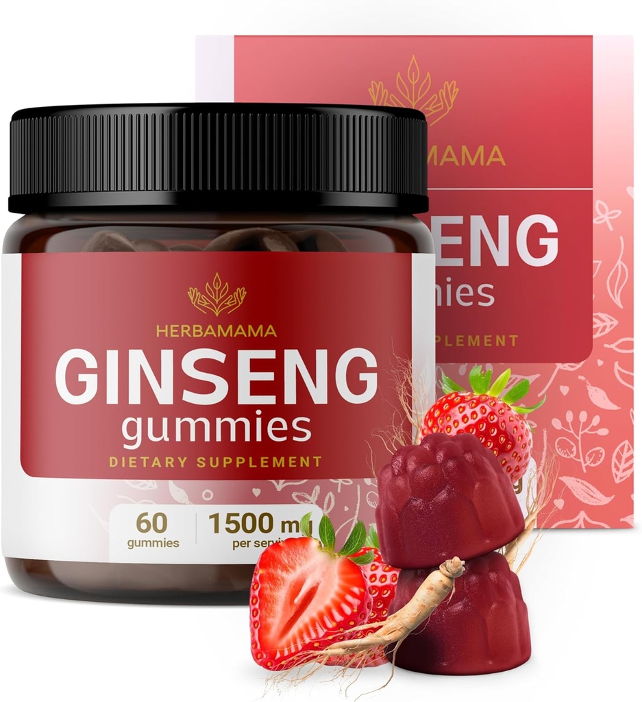 HERBAMAMA Panax Ginseng Gummies - 1500mg κορεατική κόκκινη ρίζα Ginseng για την υποστήριξη της ενέργειας - Vegan, μη-GMO κόκκινο συμπλήρωμα υποστήριξης Panax ανοσοποίησης - 60 Pectin-based φράουλα-Flavored Chews