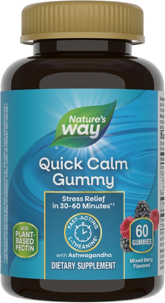 Nature's Way Quick Calm Gummies, L-Theanine for Relaxation*, Fast-Acting, Stress Relief from L-Theanine Within 30-60 minutes*, with Ashwagandha, Vegetarian, Mixed Berry Flavored,  60 Gummies