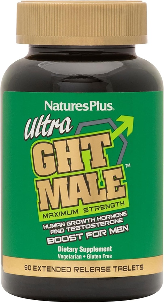 NaturesPlus Ultra GHT Male Extended Release Bilayer Tablets - 90 Vegetarian Supplements - Maximum Strength Natural Testosterone & Human Growth Hormone Boost- Gluten-Free - 30 Servings