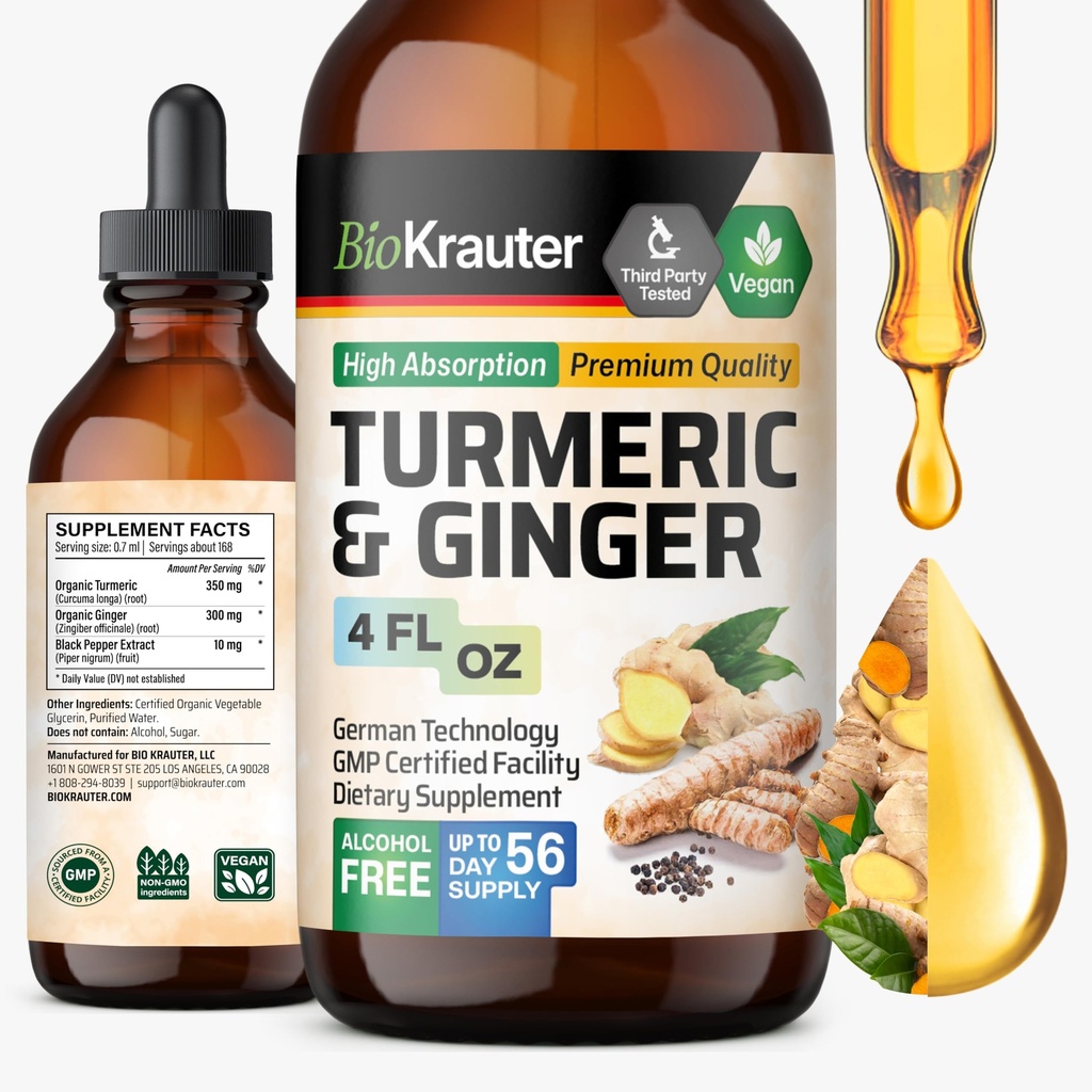 BIO KRAUTER® Turmeric και Ginger συμπλήρωμα - καθαρό υγρό Vegan Turmeric & Ginger Βάμμα με πιπέρι 4 Fl.Oz 56 ημέρες προσφοράς - σταγόνες κουρκουμίνης για κοινή υποστήριξη, αντιοξειδωτικό και ανοσοποιητική υποστήριξη
