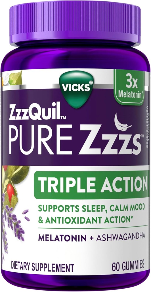 ZzzQuil PURE Zzzs Triple Action, Μελατονίνη Gummies, Μελατονίνη 6mg, 3X Μελατονίνη, Βοήθεια ύπνου με Ashwagandha, Ήρεμη Mood, Αντιοξειδωτική Δράση, Βοηθήματα ύπνου για ενήλικες, 60 Gummies ύπνου