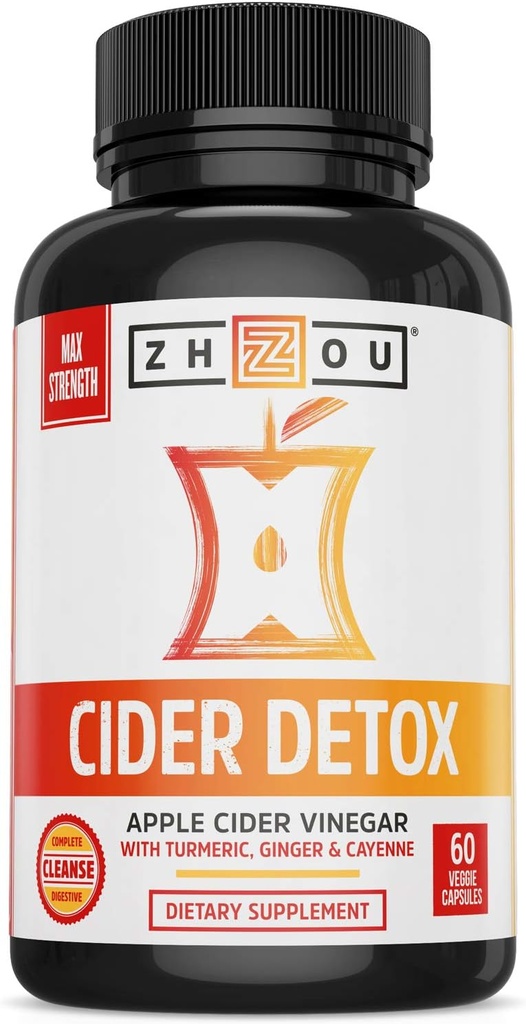 Zhou Cider Detox - Κάψουλες μηλίτη μηλίτη με μητέρα, Ακατέργαστα φυσικά χάπια ACV για γυναίκες & άνδρες, Βότανο Complex συμπλήρωμα με Turmeric & πιπέρι Cayenne - 60 κάψουλες Vegan