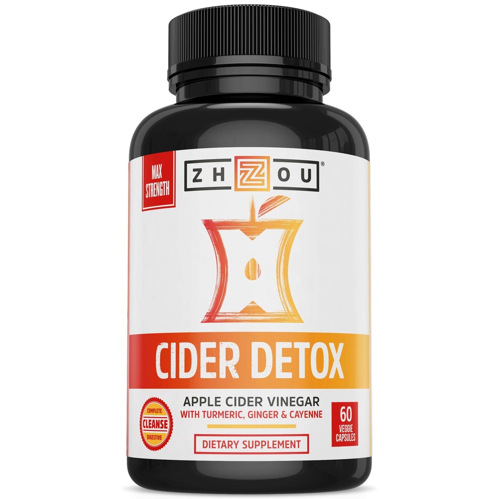 Zhou Cider Detox - Κάψουλες μηλίτη μηλίτη με μητέρα, Ακατέργαστα φυσικά χάπια ACV για γυναίκες & άνδρες, Βότανο Complex συμπλήρωμα με Turmeric & πιπέρι Cayenne - 60 κάψουλες Vegan