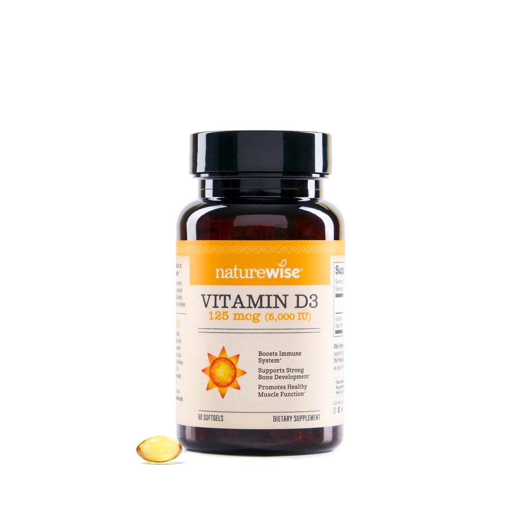 NatureWise Vitamin D3 5000iu (125 mcg) Προσφορά 90 ημερών για την υποστήριξη του ανοσοποιητικού, την υγιή λειτουργία των μυών, και την υγεία των οστών - Μη ΓΤΟ, Γλουτένη-ελεύθερο σε οργανικό επιπλέον παρθένο ελαιόλαδο, (Mini Softgel), 90 κόμης