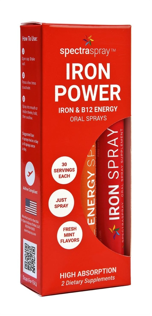 SpectraSpray Iron & B12 Vitamin Liquid Oral Spray Kit - Κρέας τροφίμων Iron ως Essential Daily Mineral και B12. Vegan, χωρίς γλουτένη & Εξαιρετικά αποτελεσματική, 30 ημέρες προσφοράς ανά σπρέι