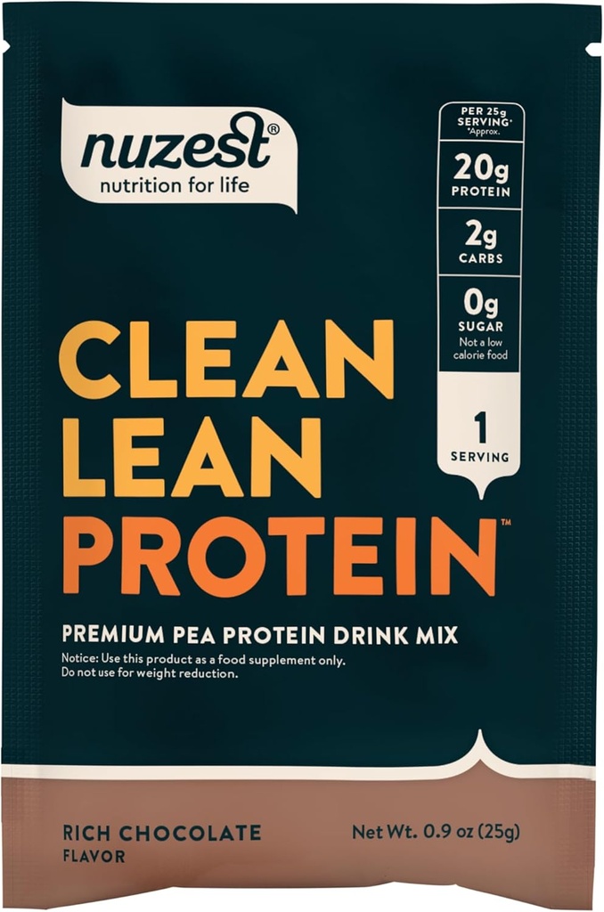Nuzest - Pea Protein Powder - Καθαρή πρωτεΐνη Lean, Premium Vegan Plant Based Protein Powder, Γαλακτοκομικά, Χωρίς γλουτένη, GMO Free, Φυσικώς γλυκασμένη πρωτεΐνη Shake, πλούσια σοκολάτα, 1 Σερβίρισμα, 0.9 oz