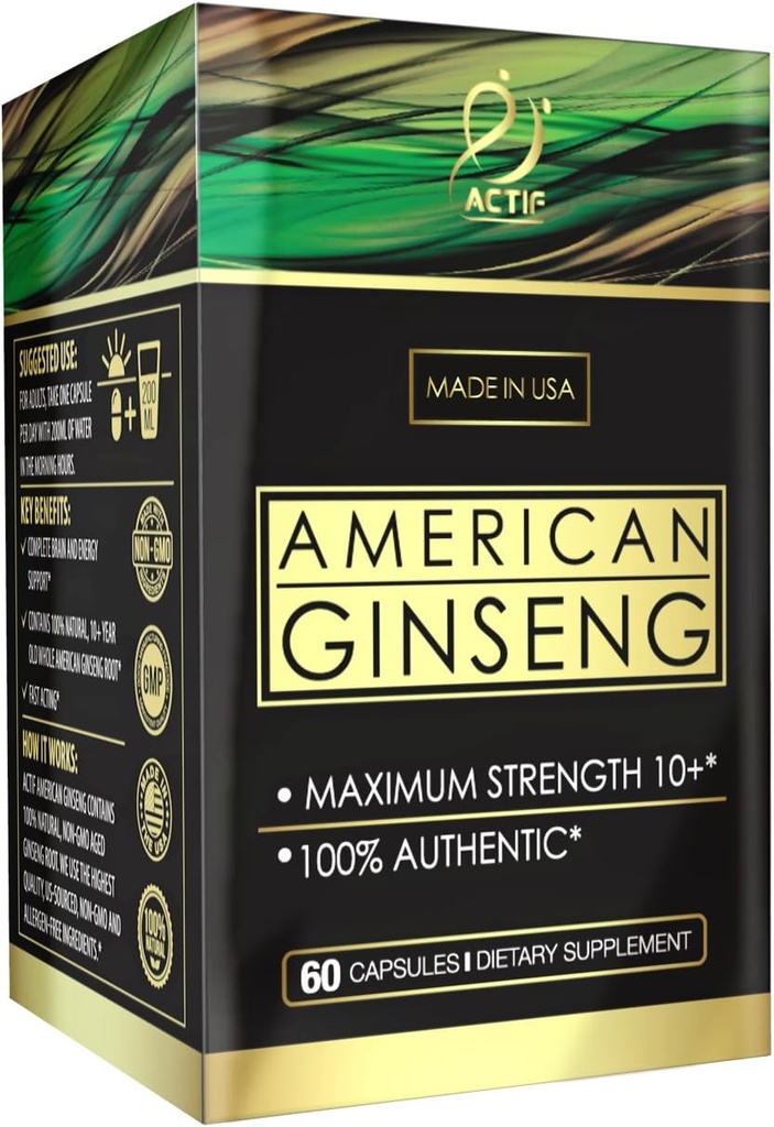 Actif American Ginseng - 100% Αυθεντικό 10χρονο Ginseng, μη GMO, 500mg - Κατασκευασμένο στις ΗΠΑ