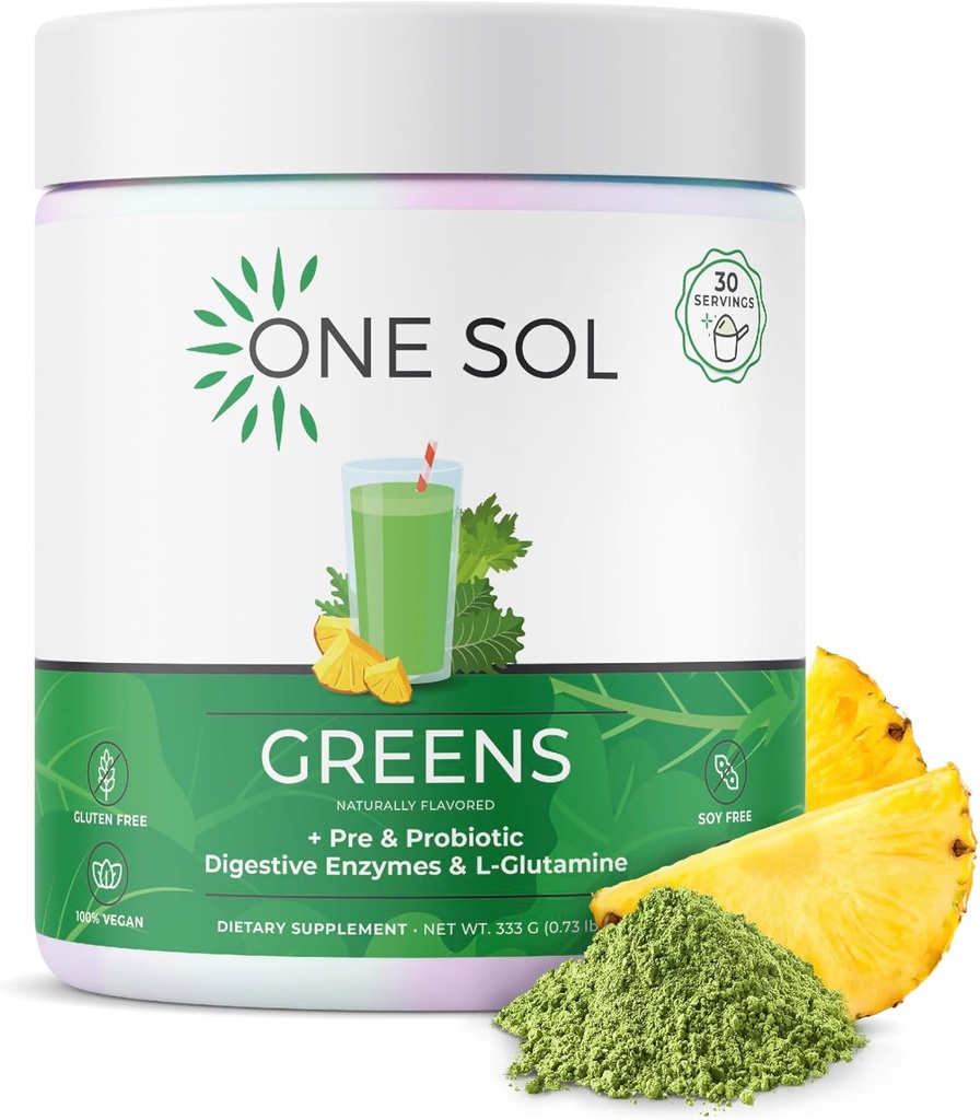 One Sol Greens, Super Greens Powder για τη μείωση του Bloating & βελτίωση της υγείας των ορνίθων, Superfood Fresh Bloom Organic Greens Blend Juice & Smoothie Mix, Pre & Probiotic με Digestive Enzymes, Vegan & Soy Free