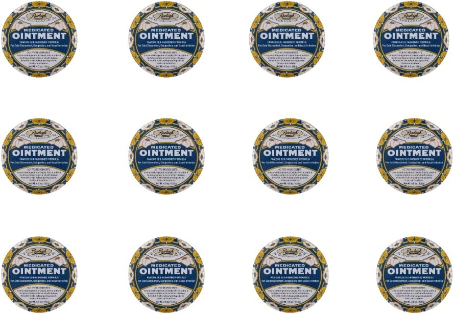 Rawleigh Medicalated Aintment: 4.5 oz Blue Tin, Topical Chest Rub for Cold, Nasal Congestion, Minor Aches and Pain, with Camphor, Menthol & Eucalyptus, Non-Grasy Formula - Pack of 12