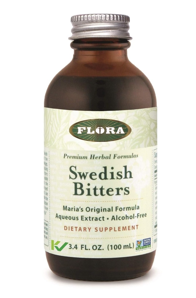 Flora - Σουηδικά Bitters για Digetion, Χωρίς αλκοόλ Bitters Βοήθεια Bloating & Digestion, Maria's Original Formula Aqueous Extract, Vegan, Kosher, Non GMO, 3.4-fl. oz. Γυάλινη φιάλη