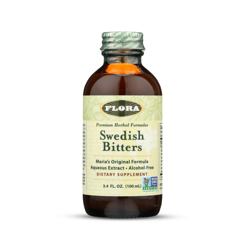 Flora - Σουηδικά Bitters για Digetion, Χωρίς αλκοόλ Bitters Βοήθεια Bloating & Digestion, Maria's Original Formula Aqueous Extract, Vegan, Kosher, Non GMO, 3.4-fl. oz. Γυάλινη φιάλη