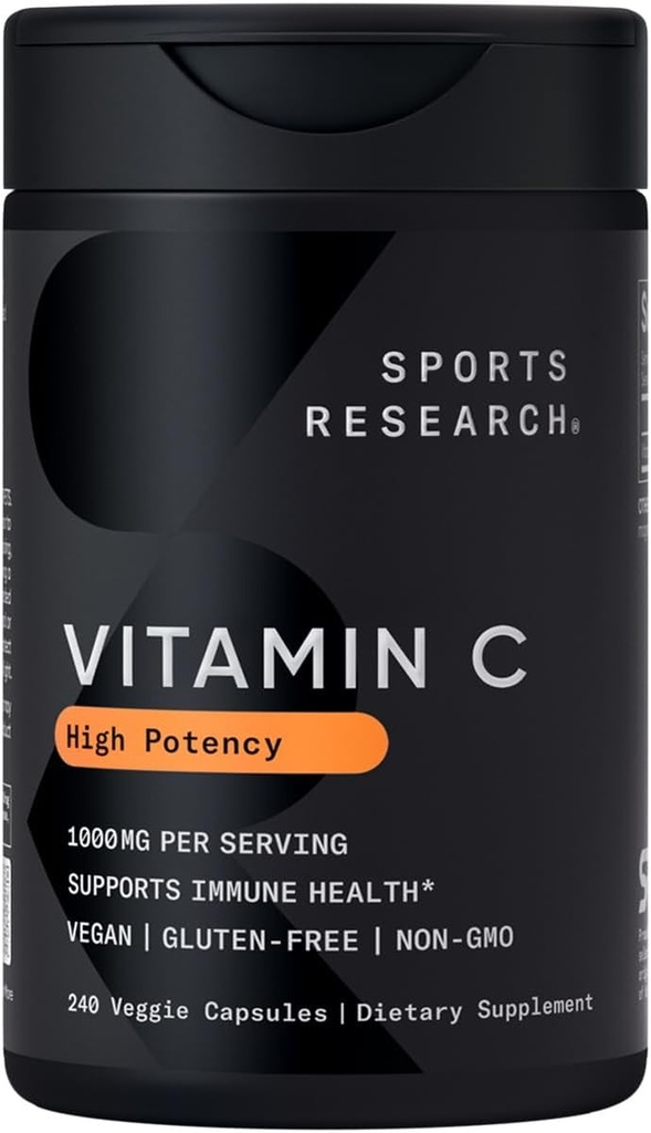 Sports Research High Potency Vitamin C Supplement - Κάψουλες Vegan Veggie για Αντιοξειδωτική Δραστηριότητα & Ανοσολογική Υποστήριξη - Μη ΓΤΟ Επαληθευμένο & Χωρίς Γλουτένη - Ασκορβικό Οξύ Βιταμίνη C 1000mg, 240 Count
