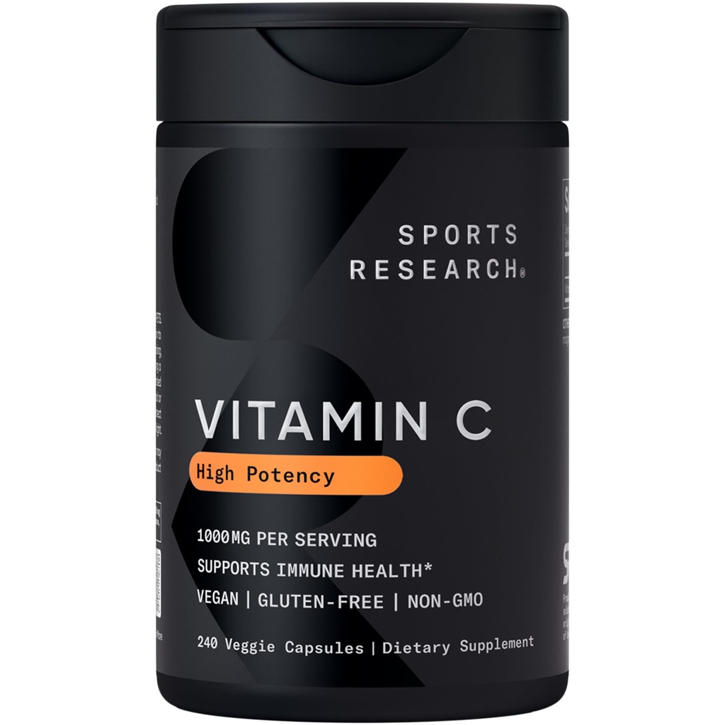 Sports Research High Potency Vitamin C Supplement - Κάψουλες Vegan Veggie για Αντιοξειδωτική Δραστηριότητα & Ανοσολογική Υποστήριξη - Μη ΓΤΟ Επαληθευμένο & Χωρίς Γλουτένη - Ασκορβικό Οξύ Βιταμίνη C 1000mg, 240 Count