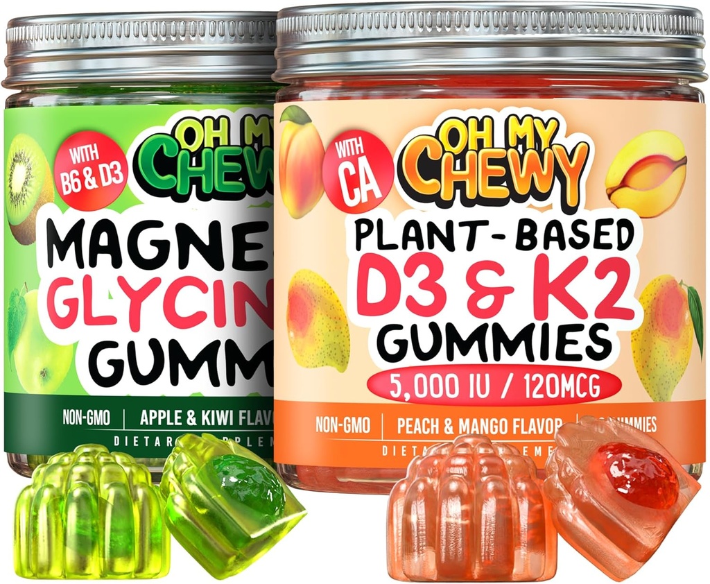 Μαγνήσιο + D3K2 Gummies Bundle – 2 μπουκάλια (60 έκαστο) – Μήλο Kiwi & Ροδάκινο Mango