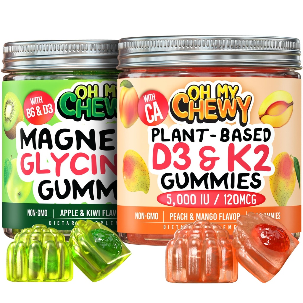 OH THY CHEWY Magnesium + D3K2 Gummies Bundle – 2 μπουκάλια (60 το καθένα) – Apple Kiwi & Peach Mango