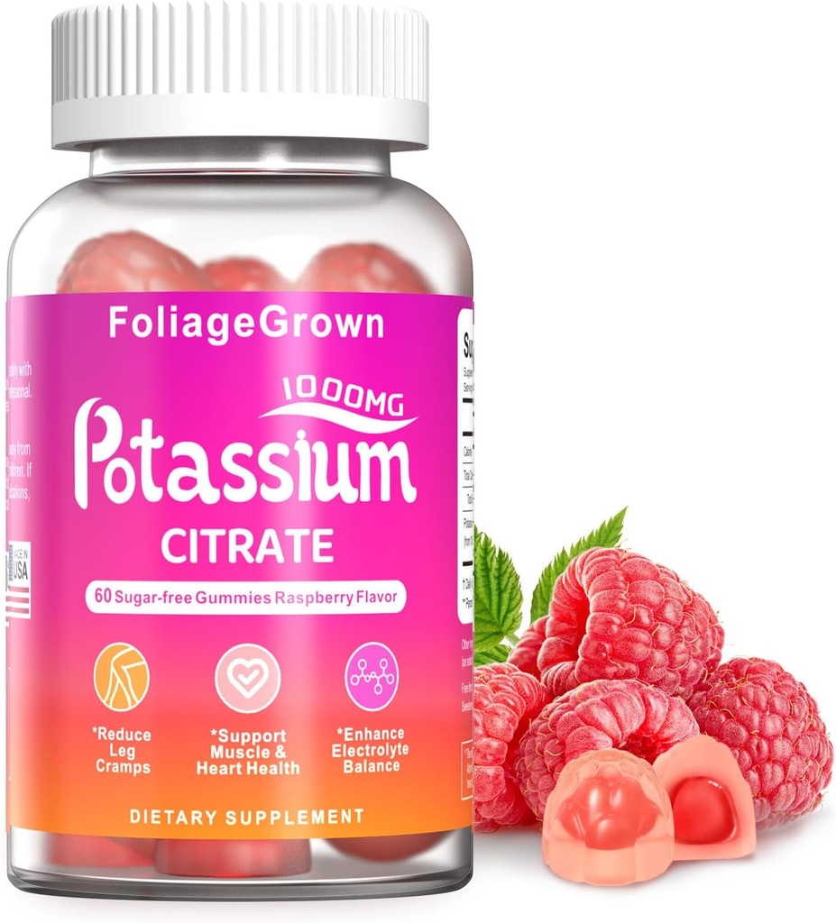 Συμπλήρωμα καλίου Gummies 1000mg - Συμπλήρωμα καλίου για τα πόδια Cramps, τους μυς & την καρδιά Υγεία - 1 μήνα συμπλήρωμα (60 Count)