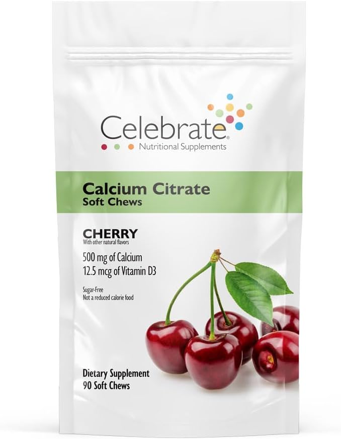 Celebrate Vitamins Bariatric 500mg Calcium Citrate Soft Chews with 500 IU Vitamin D3 – Essential for Gastric Bypass Patients & Bone Health - Sugar & Gluten Free, Cherry (90 Chews)