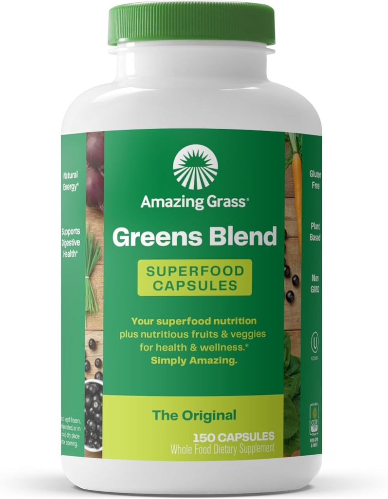 Καταπληκτικά Grass Greens Blend Superfood Κάψουλες: Super Greens με Βιολογική Spirulina, Chlorella, Beet Root Powder, Digestive Enzymes & Probiotics, 150 Κάψουλες (Packaging May Vary)