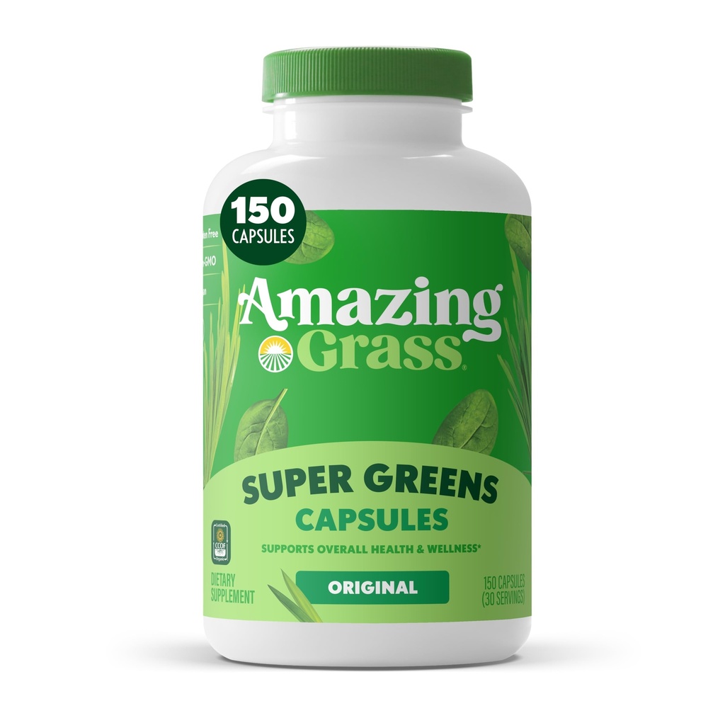 Καταπληκτικά Grass Greens Blend Superfood Κάψουλες: Super Greens με Βιολογική Spirulina, Chlorella, Beet Root Powder, Digestive Enzymes & Probiotics, 150 Κάψουλες (Packaging May Vary)