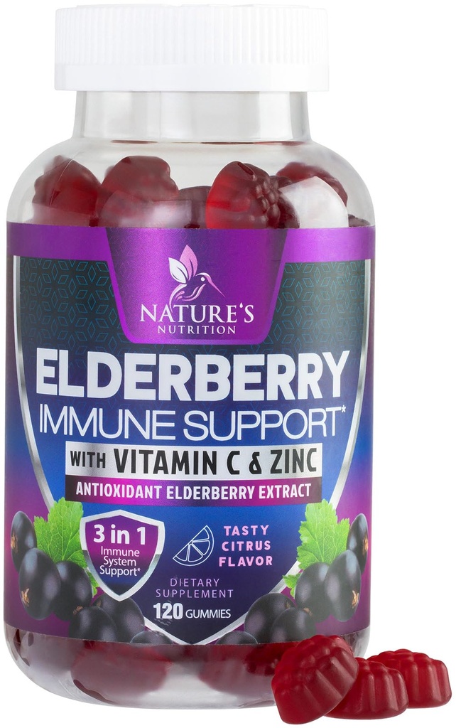 Elderberry Immune Support Gummies - 3X Strength Sambucus Elderberry Gummy with Vitamin C, D3 & Zinc - Nature’s Black Elderberry Extract - Immune Support Supplement for Adults & Kids - 120 Gummies