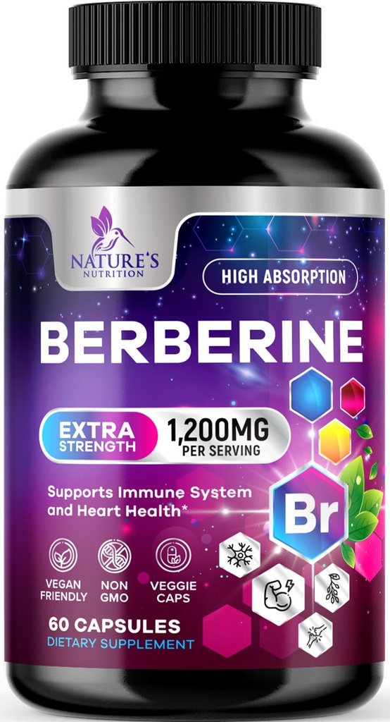 Berberine HCL Blend 1200mg Per Serving - High Absorption, Extra Strength Berberine Supplement - Advanced Heart Health & Daily Immune Support - Sugar Free, Vegan, USA Bottled - 60 Veggie Capsules