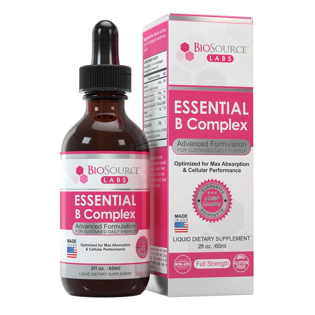 BioSource Labs Essential B Complex - Καθημερινή Vegan Vitamin B-Complex Υπογλώσσιες Υγρές σταγόνες w/methyl B12 (2oz / 60ml Μπουκάλι) - Εξηνταήμερη προσφορά
