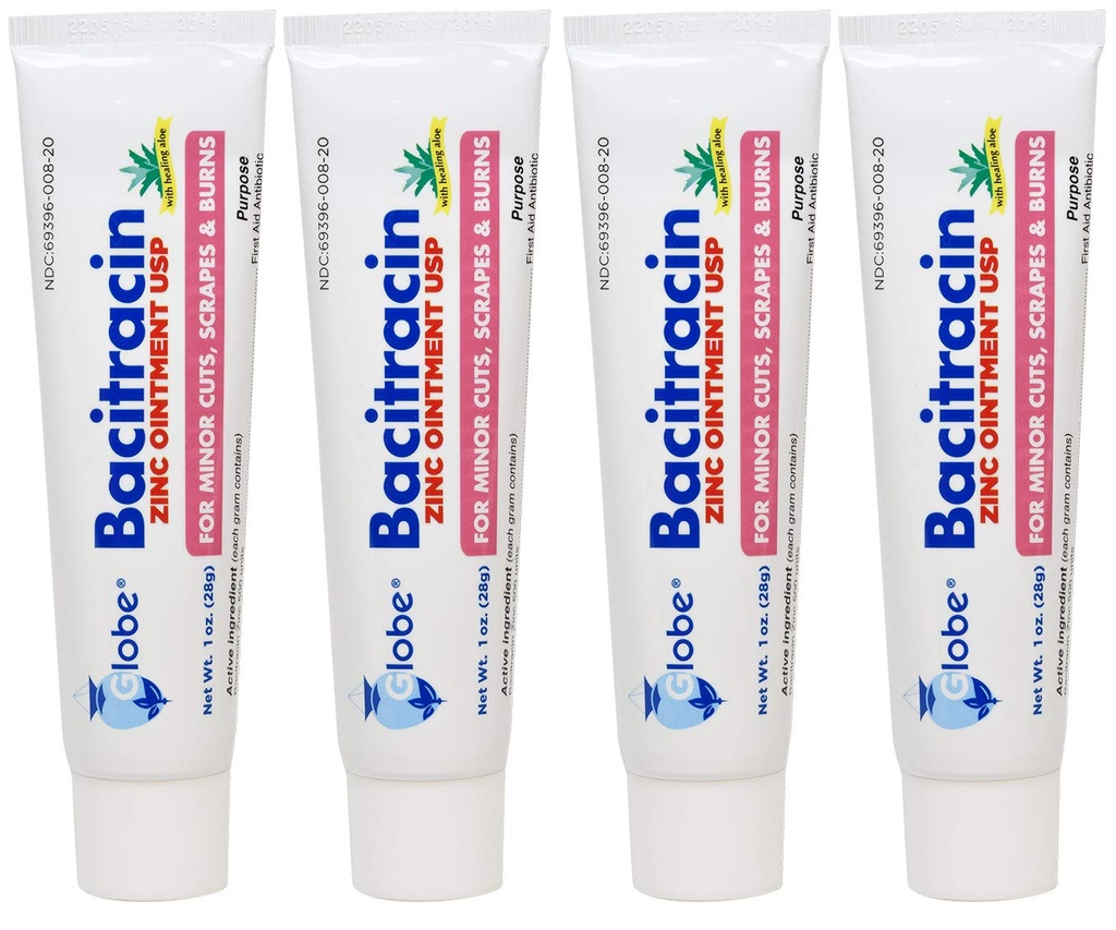 Globe Bacitracin Zinc Ointment with Aloe, Antibiotic Ointment, 4 Pack 1 oz | Bacitracin Zinc Formula, Aloe Vera, Minor Cuts and Scrapes Care, Sealed Tubes, First Aid Kit Supply, Easy Application