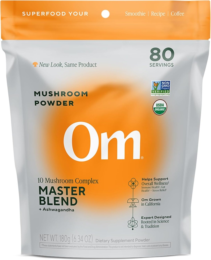 OM Μανιτάρια Master Blend Mushroom Powder – Βιολογικό συμπλήρωμα μανιταριών με 10 Μανιτάρια και Ashwagandha - Υποστήριξη Ανοσία, Υγεία και Στρες ανακούφιση, 6.34 oz (80 εξυπηρετούν)