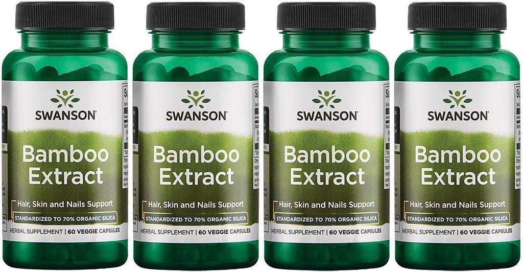 Swanson Bamboo Extract - Φυσικό συμπλήρωμα μαλλιών, δέρματος και νυχιών - 70% Silica Περιεχόμενο Υποστήριξη Σχηματισμός και ανάπτυξη οστών - (60 κάψουλες λαχανικών, 300mg το καθένα) 4 Συσκευασία
