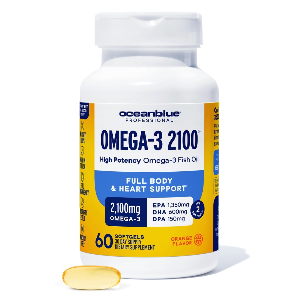 Oceanblue Professional Omega-3 2100mg Fish Oil Supplement Triple Strength, High Potency EPA, DHA & DPA Burpless, Wild-Caught, Natural Orange Flavor 60 Softgels (Pack of 1)