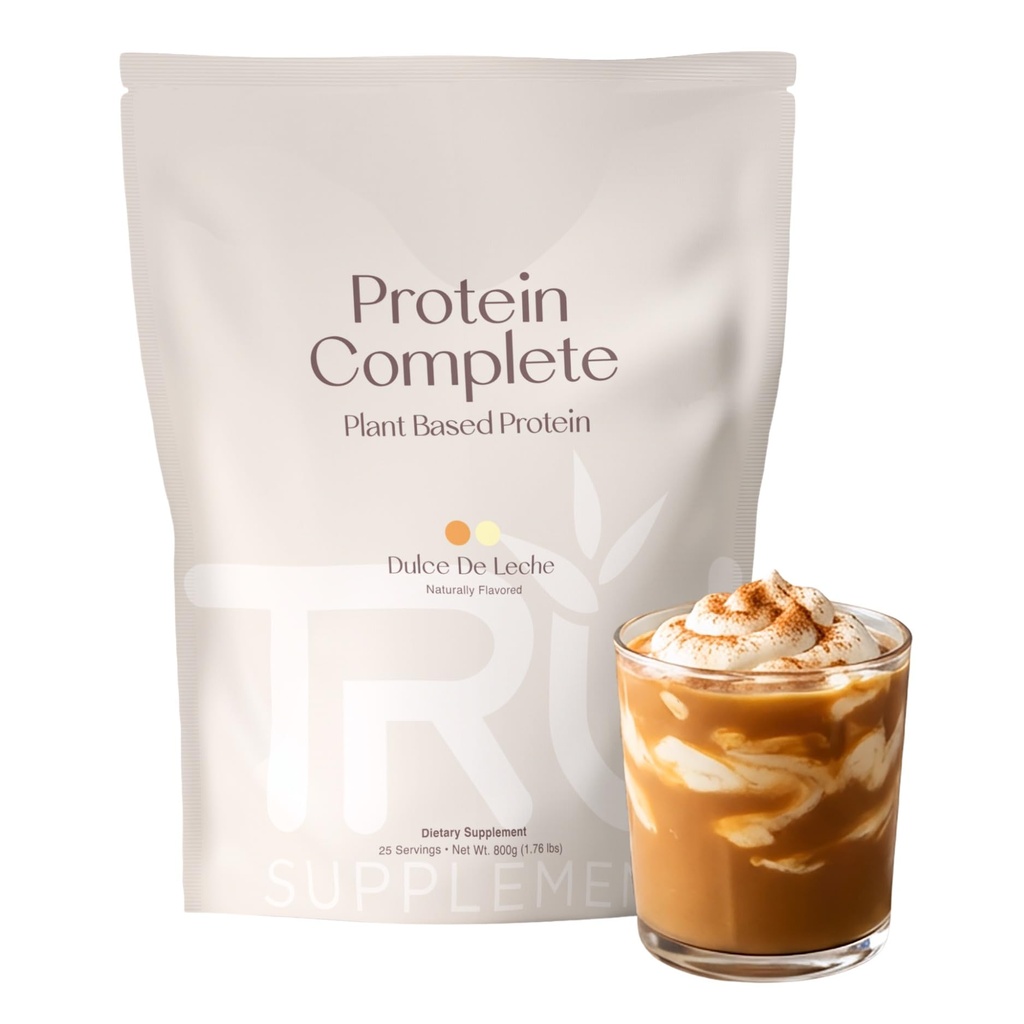 TRU Supplements Plant Based Protein Powder, BCAA, EAA, 20g Vegan Brown Rice & Pea Protein, 100 Calories, 27 Vitamins, No Artificial Flavors 25 Servings 25 Servings (Dulce De Leche)