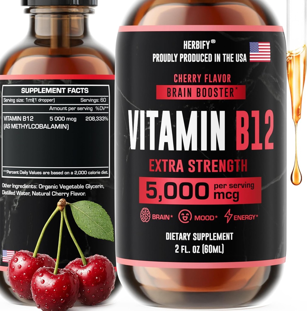 HERBIFY Βιταμίνη Β12 μεθυλιωμένη Πολυβιταμίνη Ενεργειακά συμπληρώματα για γυναίκες & άνδρες - Υγρές Βιταμίνες Β12 5000 Mcg Μεθυλοκοβαλαμίνη - Ενεργειακή Υποστήριξη και Ανοσολογική Υγεία Υγρή Βιταμίνη 2 Oz