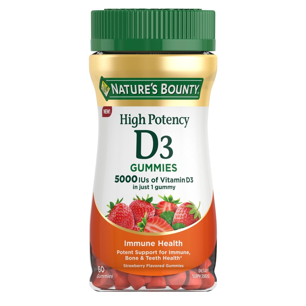 Nature’s Bounty Vitamin D 5000 IU Gummies, Vitamin D3 High Potency Immune Support & Bone Health Supplement, 5000 IU in 1 Gummy, Strawberry Flavor, 2 month Supply, 60 Vegetarian Gummies for Adults