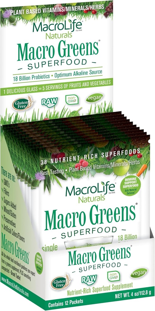MacroLife Naturals Macro Greens Powder 38 Superfood Probiotic Antioxidant Enzyme & Herbal Supplement Immunity Energy Cleanse - Μη-GMO Vegan Gluten-free Γαλακτο-ελεύθερο (12 υπηρεσίες)