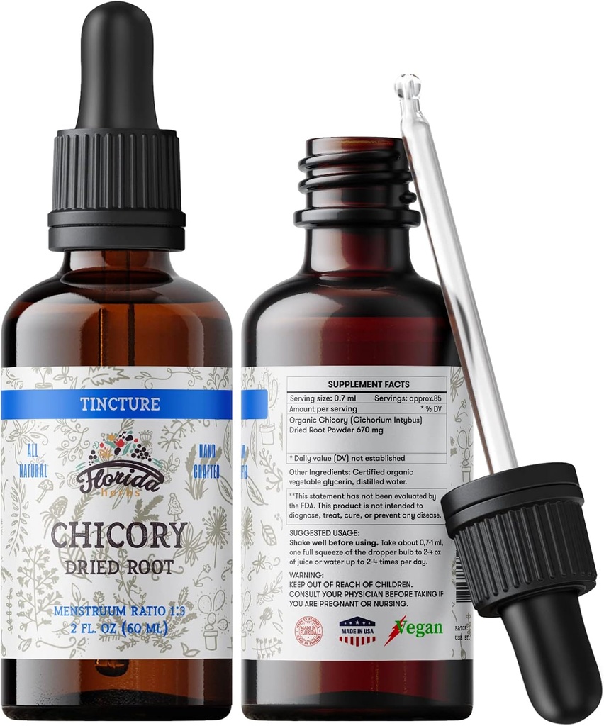 Chicory Tincture Extract, Organic Chicory (Cichorium Intybus) Αποξηραμένη Ρίζα για την Απώλεια Ορεκτίτη, Συκώτι, και Gallbladder, Μη ΓΤΟ σε Ψυχρή Βιολογική Γλυκερίνη 2 oz (60 ml), 700 mg