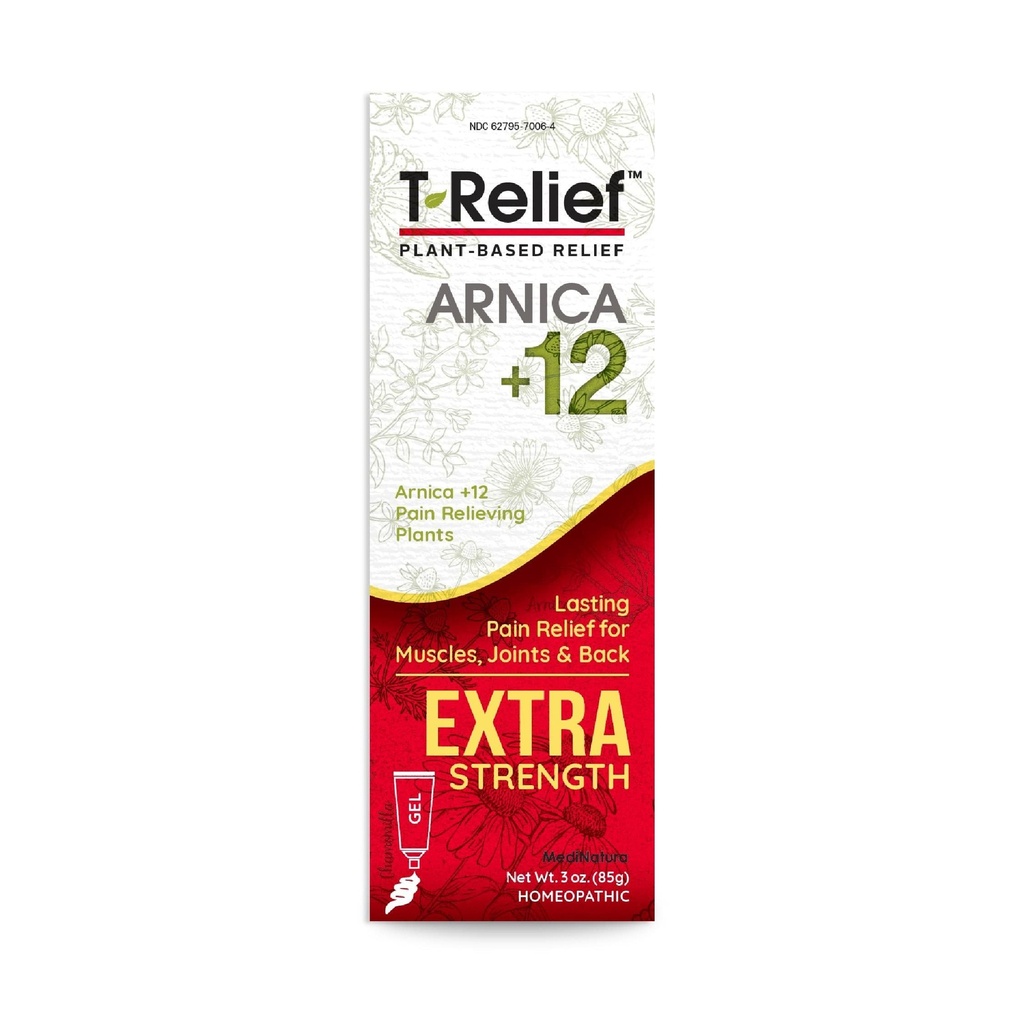 MediNatura T-Relief Extra Strength Gel Arnica +12 Natural Relieving Actives for Back Pain Joreness Muscle Aches & Stiffness Fast Acting Body Relief for Women & Men - 3 oz