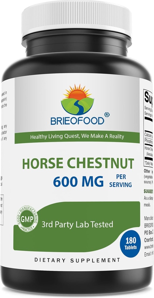 Brieofood Horse Chestnut Extract 600 mg per Serving - 180 Tablets - 3ο Party Lab Tested for Purity & Quality - Υποστηρίζει υγιή κυκλοφορία & ρευστή ισορροπία στα πόδια*