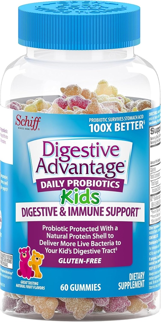Πλεονέκτημα Digestive, Probiotic Gummy για τα παιδιά, 60 Gummies, Χωρίς γλουτένη, Επιζεί 100x Καλύτερα, Ποικίλες Γεύσεις Φρούτων, Υποστηρίζει Digestive Υγεία στα παιδιά